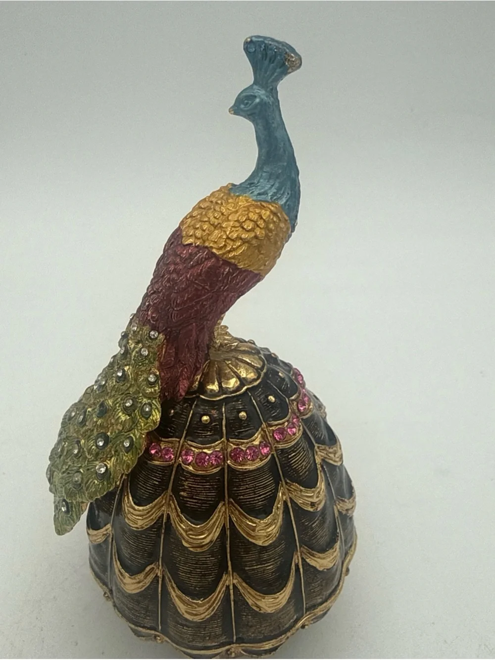 VTG Bejeweled Peacock Bird Egg Trinket Box Magnetic Lid Enamel Inside 4”
